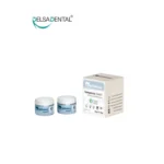 بسته‌بندی و ظروف خمیر پانسمان موقت تمپونیک کاویت (Temponic Cavit) برند نیک درمان - شامل دو ظرف کرم‌رنگ و جعبه سفید و آبی با وزن مشخص، توزیع شده توسط دلسا دنتال.