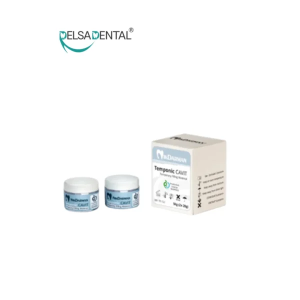 بسته‌بندی و ظروف خمیر پانسمان موقت تمپونیک کاویت (Temponic Cavit) برند نیک درمان - شامل دو ظرف کرم‌رنگ و جعبه سفید و آبی با وزن مشخص، توزیع شده توسط دلسا دنتال.