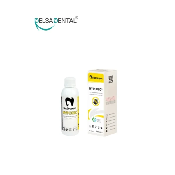 بطری و جعبه بسته‌بندی محلول شستشوی کانال ریشه هيپوكلريت سديم هیپونیک (HYPONIC)