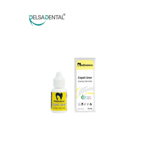 بطری و جعبه وارنیش رزینی کوپال (Copal Liner Cavity Varnish) برند نیک درمان با برچسب زرد و سفید، توزیع شده توسط دلسا دنتال.