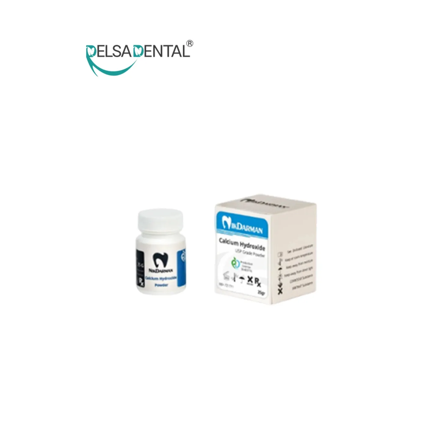 ظرف پودر و جعبه کلسیم هیدروکسید درجه خلوص USP (Calcium Hydroxide USP Grade Powder) توزیع شده توسط دلسا دنتال.