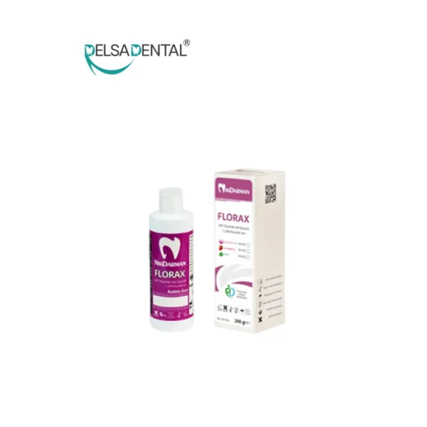 بطری و جعبه ژل فلوراید APF فلوراکس ۲۰۰ گرم (FLORAX APF Fluoride Gel) با برچسب بنفش و سفید، توزیع شده توسط دلسا دنتال